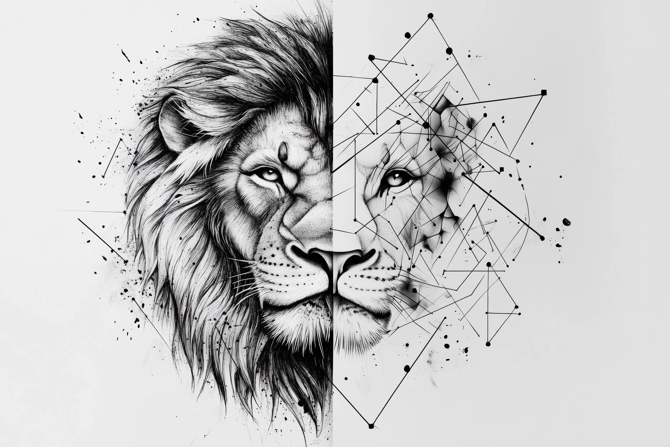 Étude à l'encre : un lion, moitié dessiné au trait, moitié en tracés géométriques, sur fond blanc