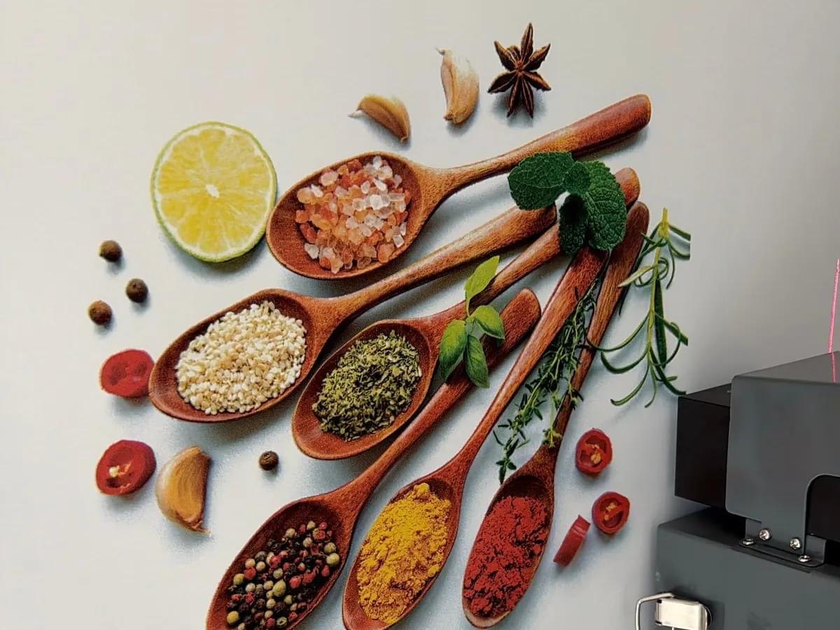 Cuisine : des cuillères d'épices imprimées sur le mur, au-dessus du plan de travail
