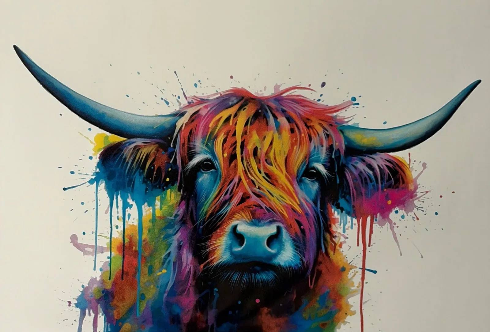 Une vache highland en fleurs, imprimée en couleurs au milieu d'un mur blanc