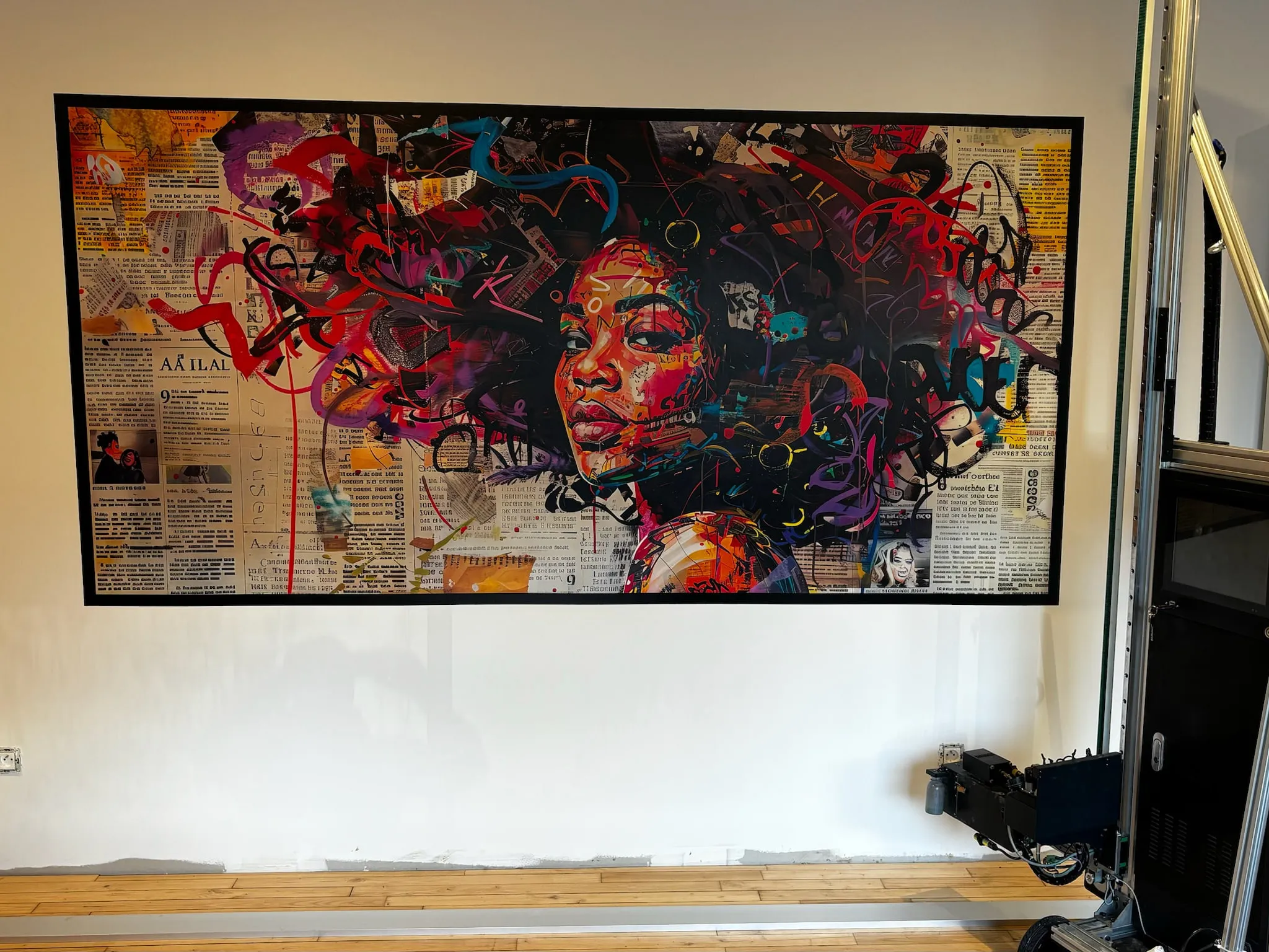 Fresque d'un portrait sur fond de journaux imprimée sur un mur d'atelier, le bâti de l'imprimante murale verticale à droite